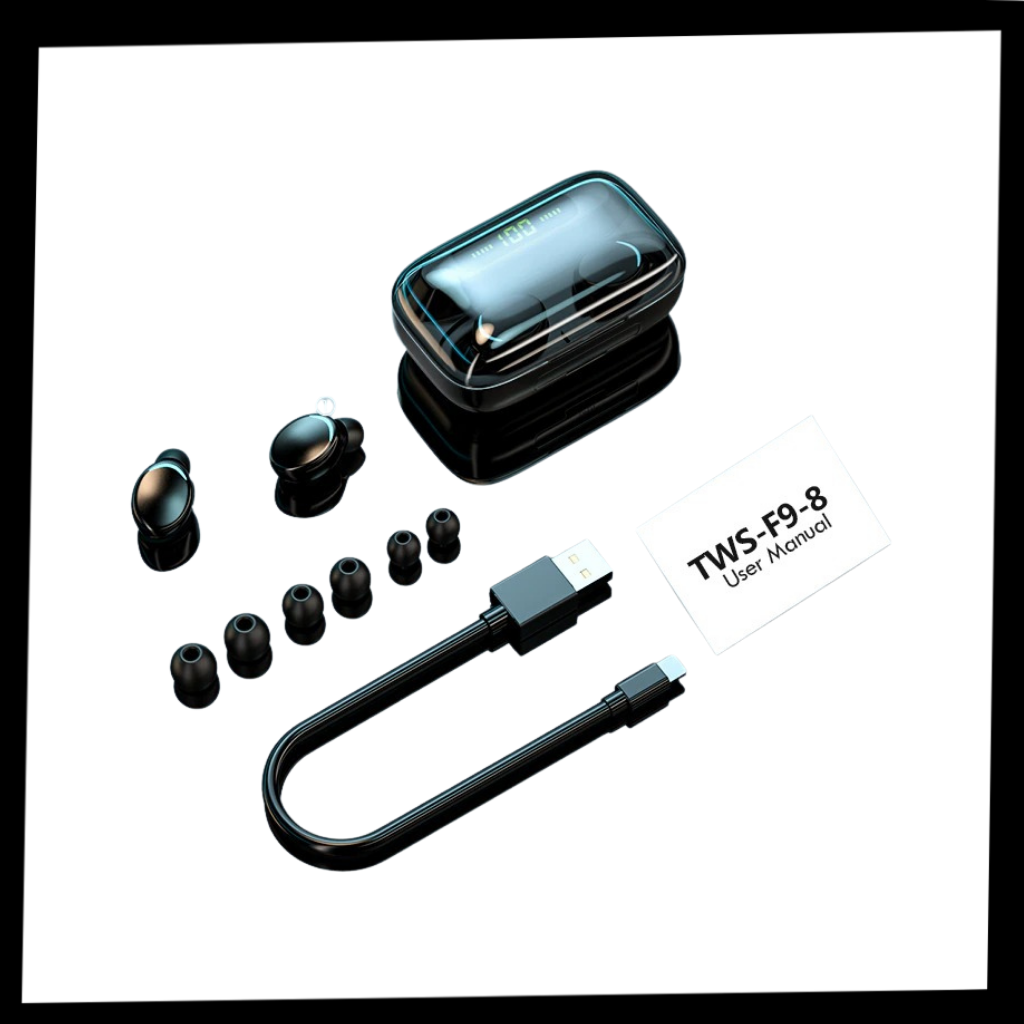 Fones de ouvido Bluetooth Eastjing com estojo de carregamento, componentes de áudio sem fio e design compacto.
