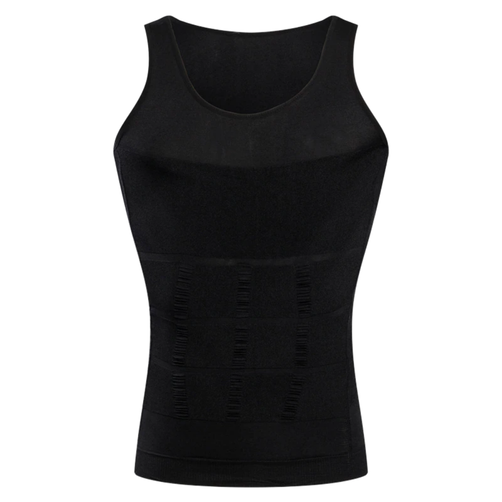 Camisa de compressão modeladora da marca Mersariphy, sob medida, em tecido preto, para modelar a silhueta e oferecer suporte.