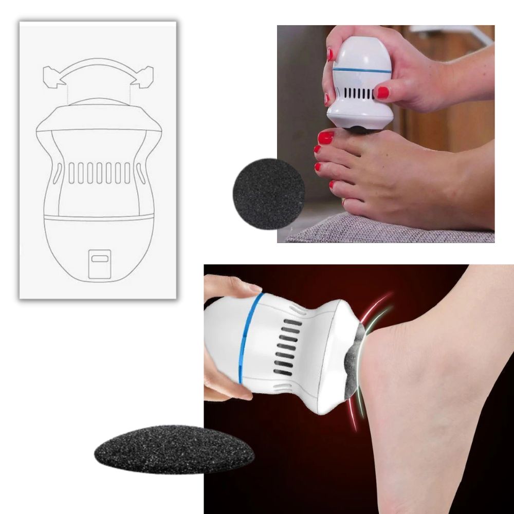 Remover de calos elétrico Eastjing para cuidado dos pés, mostrando o dispositivo e a cabeça de lixa em uso.
