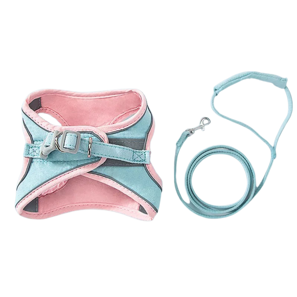 Colete rosa e azul para gatos com conjunto de coleira e guia da Topumt, ideal para passeios seguros com animais de estimação.