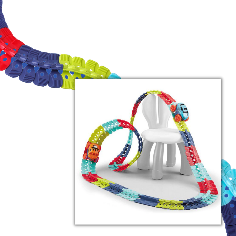 Pista de brinquedo flexível em trilhos de ferro para veículos de jogo Yotijar, com curvas ajustáveis e peças modulares.