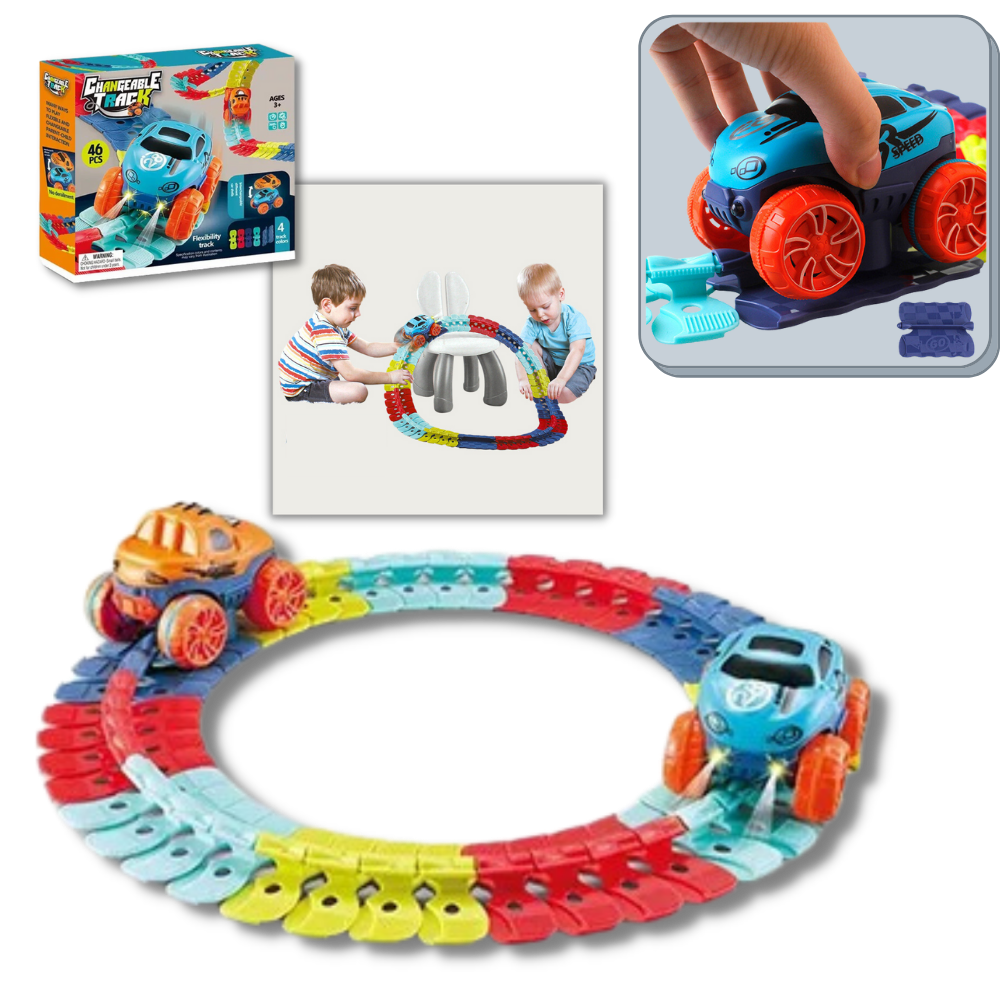 Faixa de circuito de trilhos flexíveis Yotijar para veículos de brinquedo, com trilhos ajustáveis e coloridos para diversão.