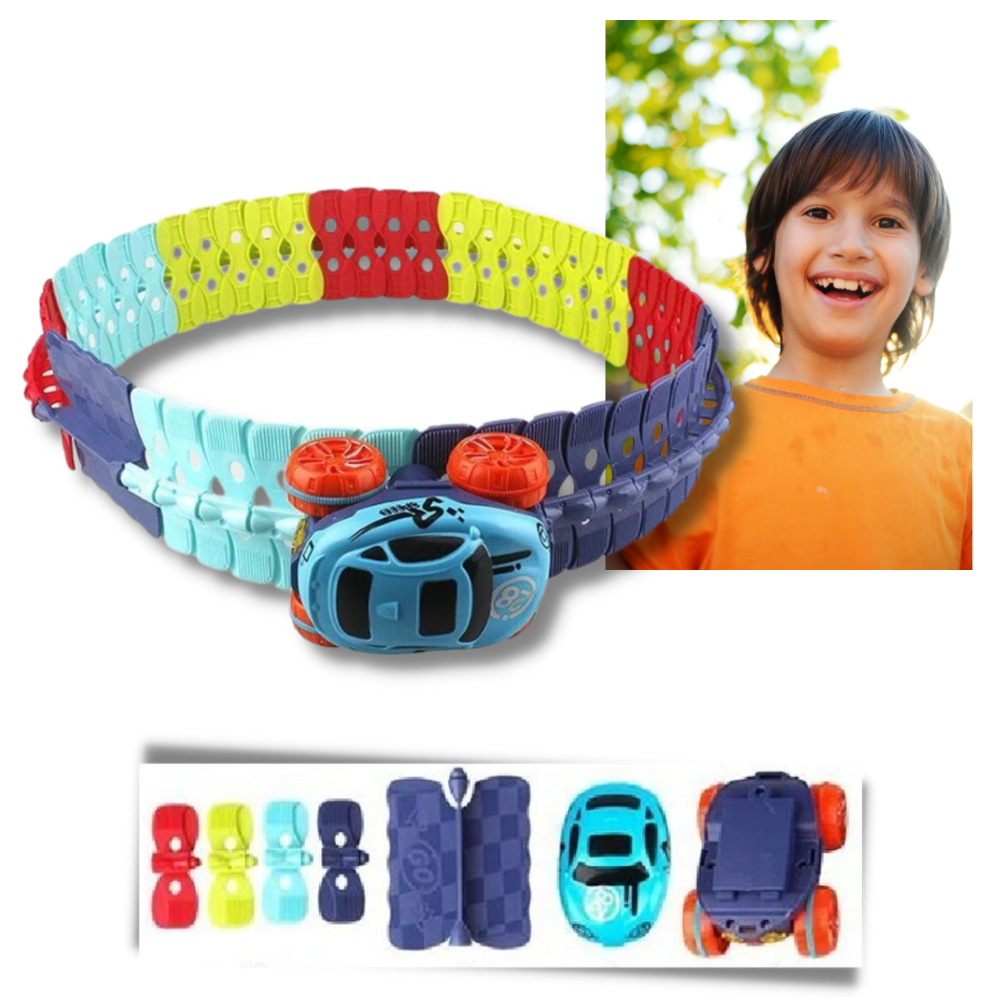 Faixa de circuito flexível para carros de brinquedo Yotijar, com pistas ajustáveis e seguras para veículos de jogo.