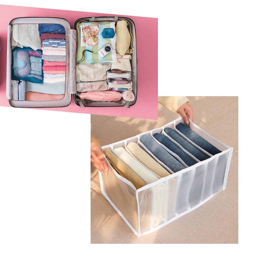 Organizador de roupas em malha Pakewalm, ideal para armazenamento e organização de roupas em viagens ou casa.