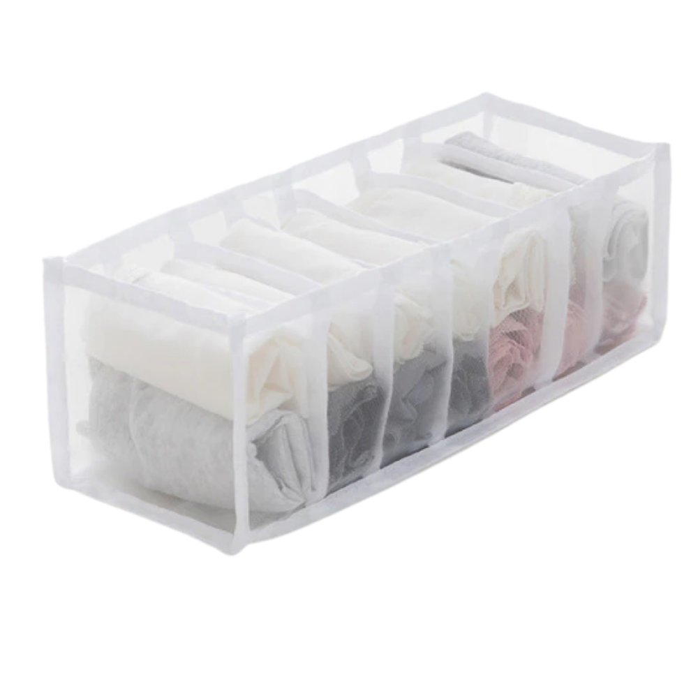 Organizador de roupas em malha Pakewalm com 7 compartimentos para roupas íntimas e acessórios, ideal para organização doméstica.