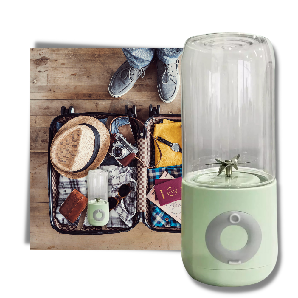 Mini liquidificador portátil Cofest com seis lâminas para preparar smoothies e drinks em qualquer lugar.