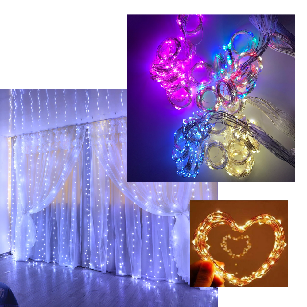Cortina de luzes LED com controle remoto, luminária decorativa para ambientes internos, com fios e várias cores de iluminação