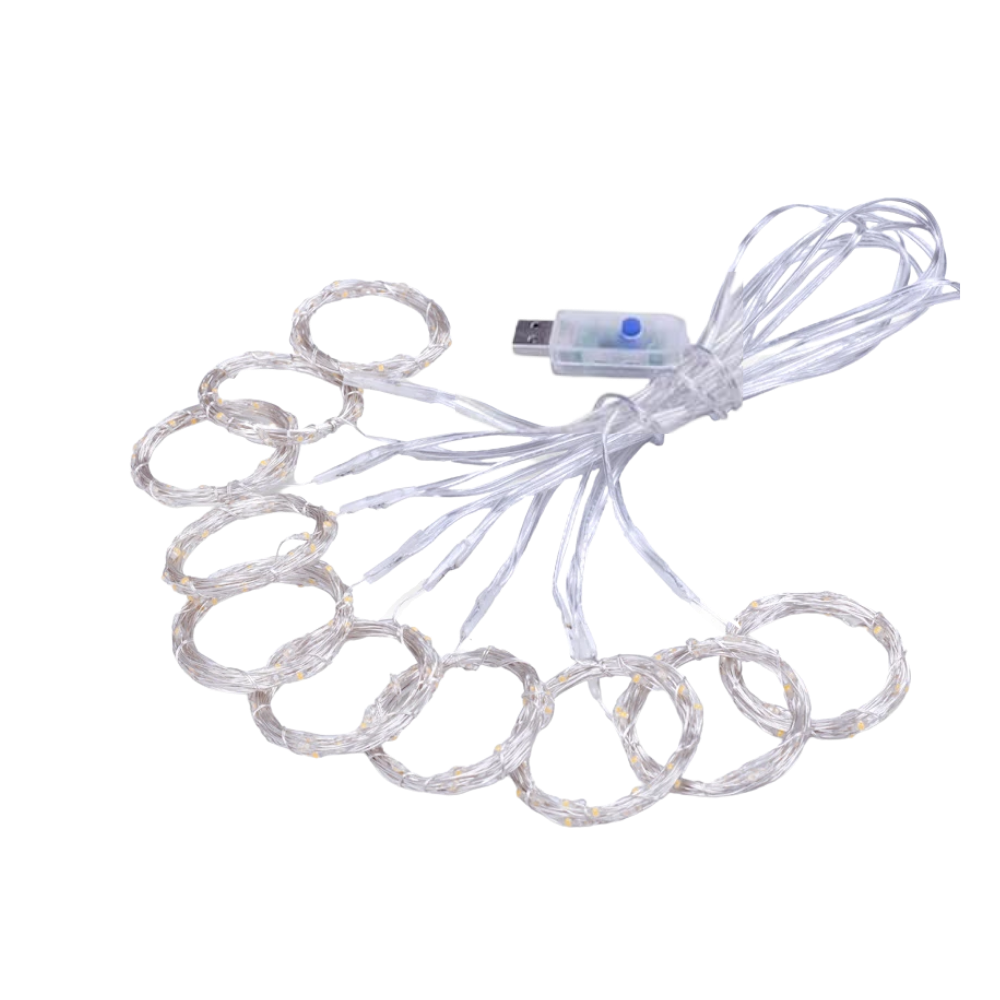 Cortina de luz com iluminação branca fria e controle remoto, luminária decorativa para ambientes internos.