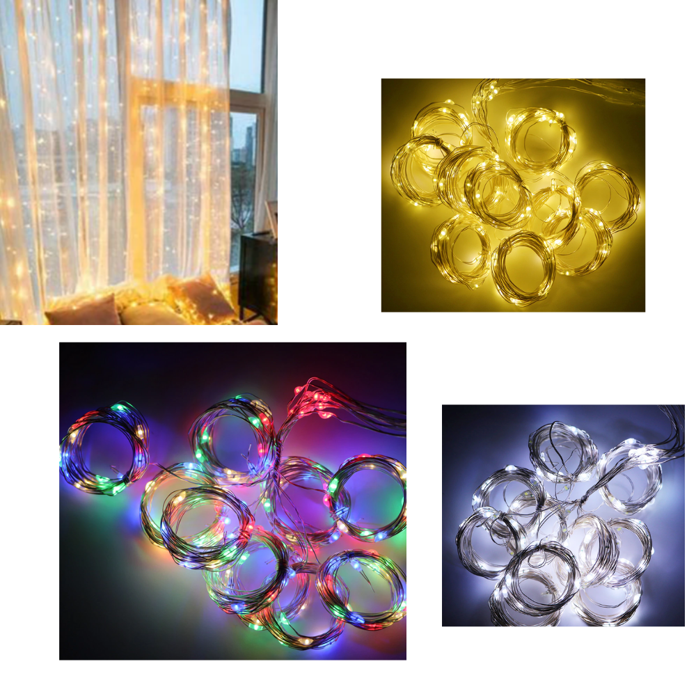 Cortina de luzes coloridas com controle remoto, luminária decorativa para ambientes internos.