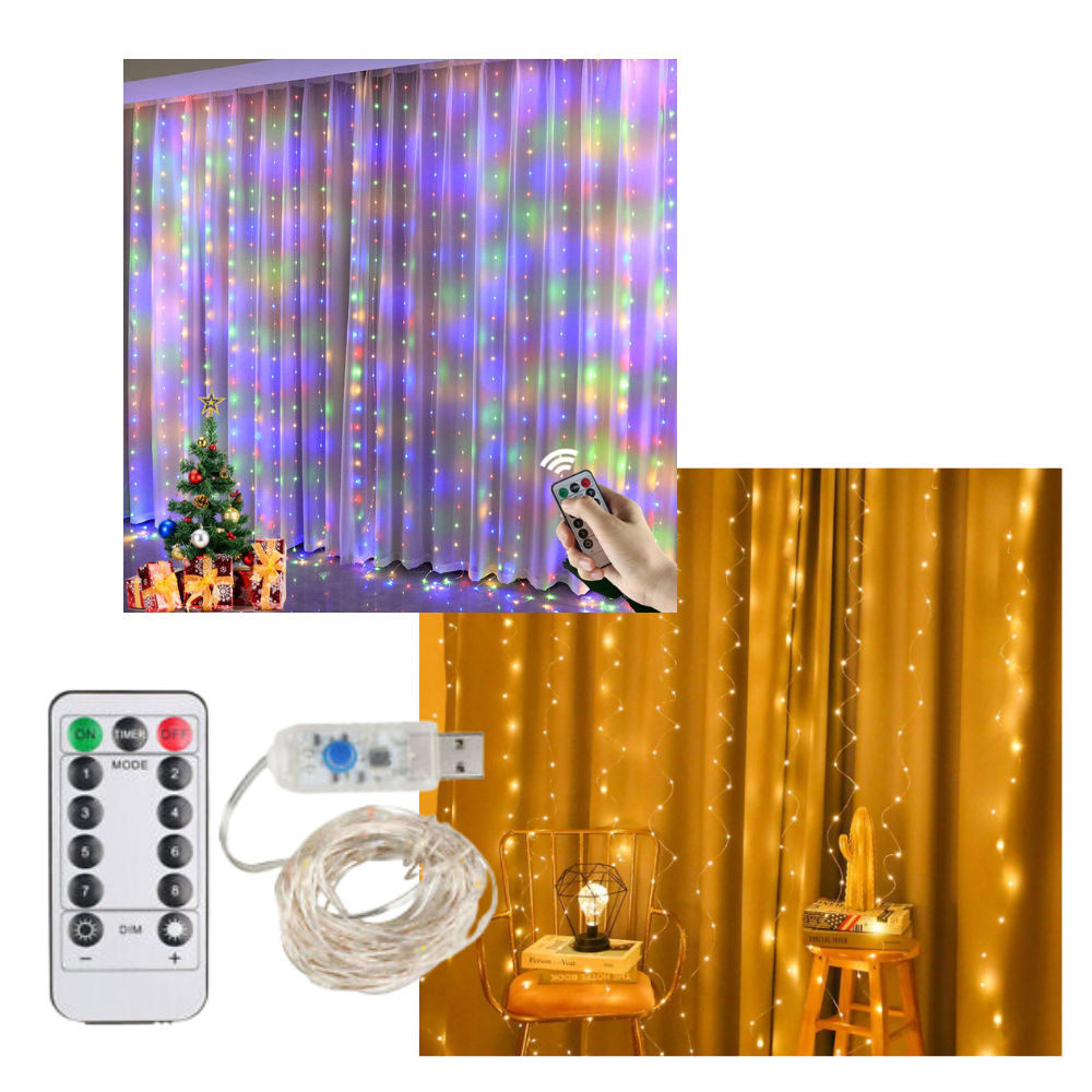 Roupão de luzes com controle remoto, luminária decorativa com cortinas de luzes LED e controle para ajustar brilho e cores.
