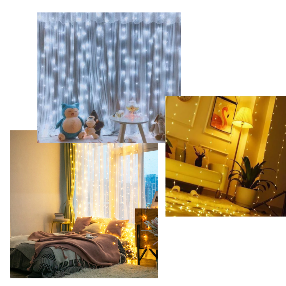 Cortina de luzes decorativas com controle remoto, luminária LED para ambientes internos com efeito de iluminação aconchegante