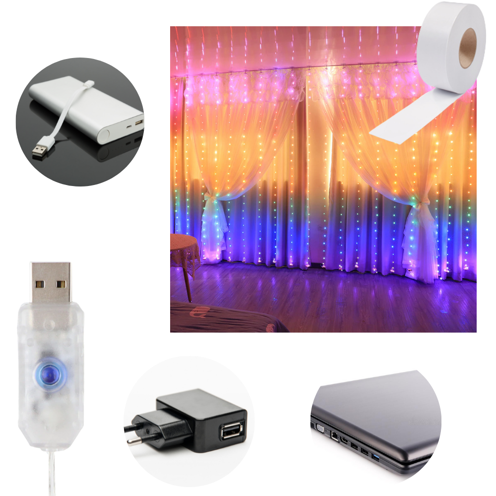Cortina de luzes com controle remoto, luminária decorativa com fios de LEDs coloridos e controle para ajustar brilho e cores.