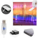 Cortina de luzes com controle remoto, luminária decorativa com fios de LEDs coloridos e controle para ajustar brilho e cores.