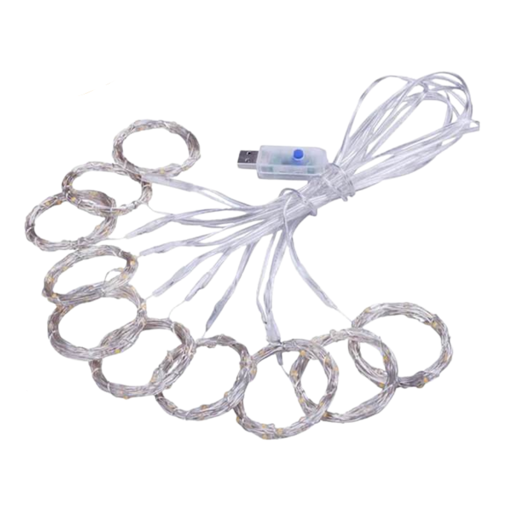 Cortina de luz multicolorida com controle remoto, luminária decorativa para ambientes internos, fios com várias luzes LED.