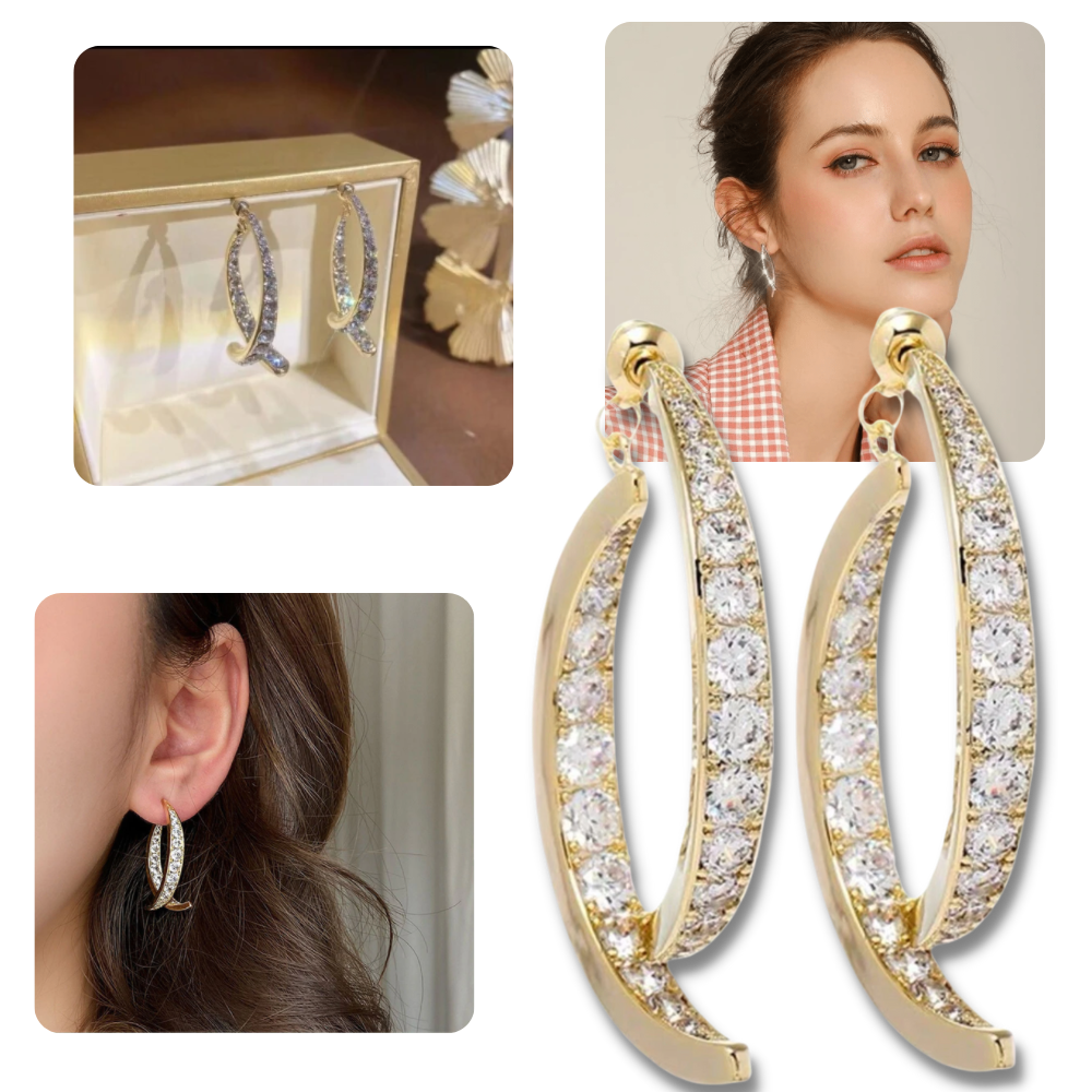 Brincos de ouro e prata Helevia em formato curvo cruzado, com design elegante e moderno.