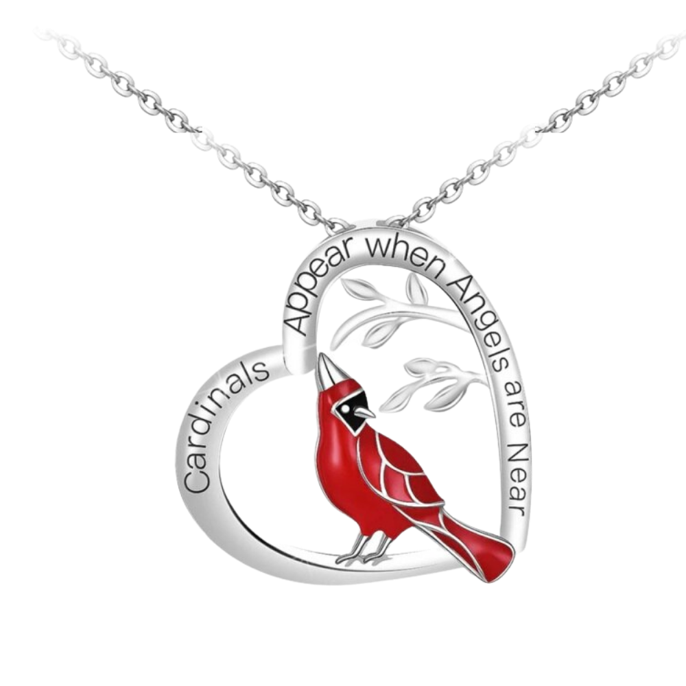 Colar com pingente de cardenal em forma de coração, estilo delicado, marca Ottwn, com detalhes de folhas douradas.