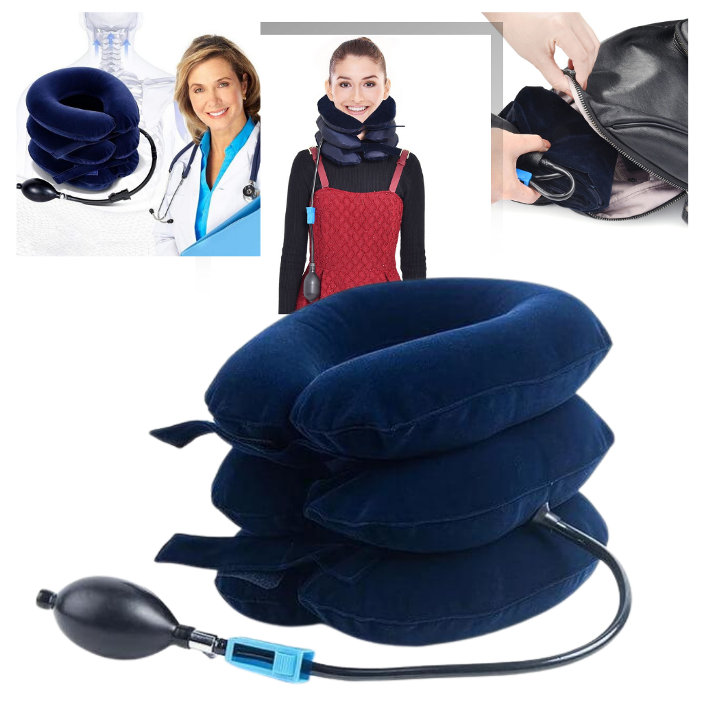 Colar inflável para suporte cervical, produto de cuidado para o pescoço, da marca Amc, usado para tração cervical e relaxamento do pescoço.