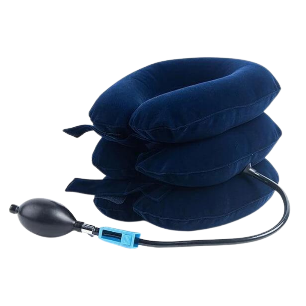 Colar inflável para suporte cervical, produto de cuidado do pescoço da marca Amc, usado para aliviar a tensão na região cervical.