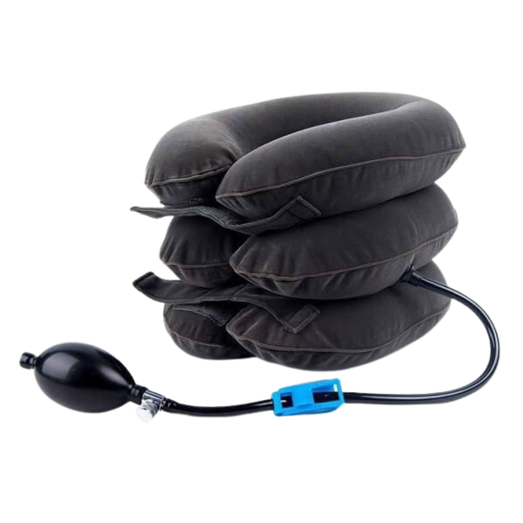 Colar cervical inflável cinza da Amc para suporte e alívio do pescoço, usado em tratamento de dor cervical e cuidados com o pescoço.