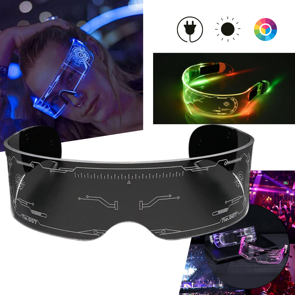 Óculos de sol East-Tamaki com lentes LED coloridas e iluminação vibrante, estilo moderno e divertido para festas e eventos.