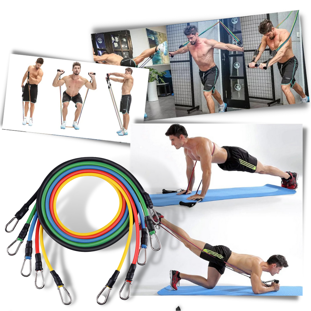 Conjunto completo de 11 faixas de resistência para exercícios, marca Coutlet, com diferentes níveis de elasticidade.