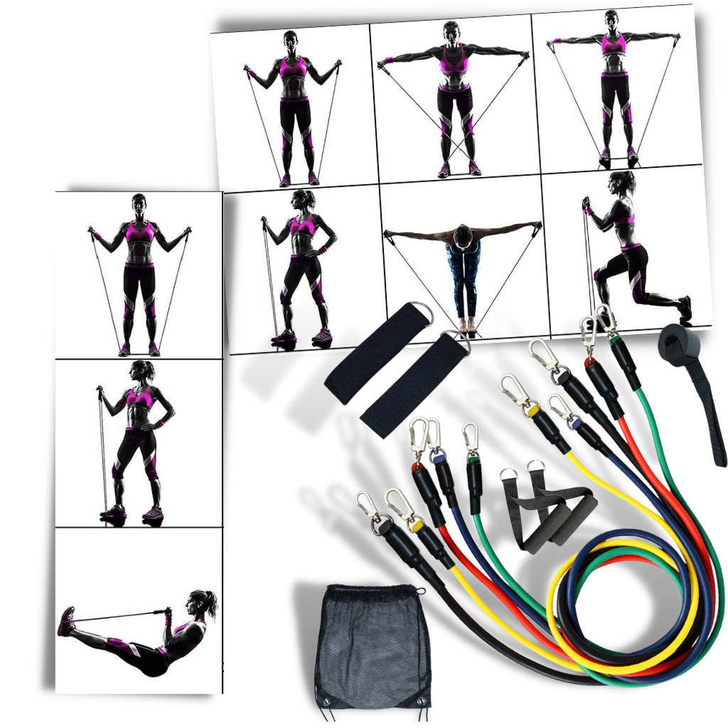 Conjunto completo de 11 faixas de resistência para exercícios da marca Coutlet, com várias cores e tamanhos para treinos variados.