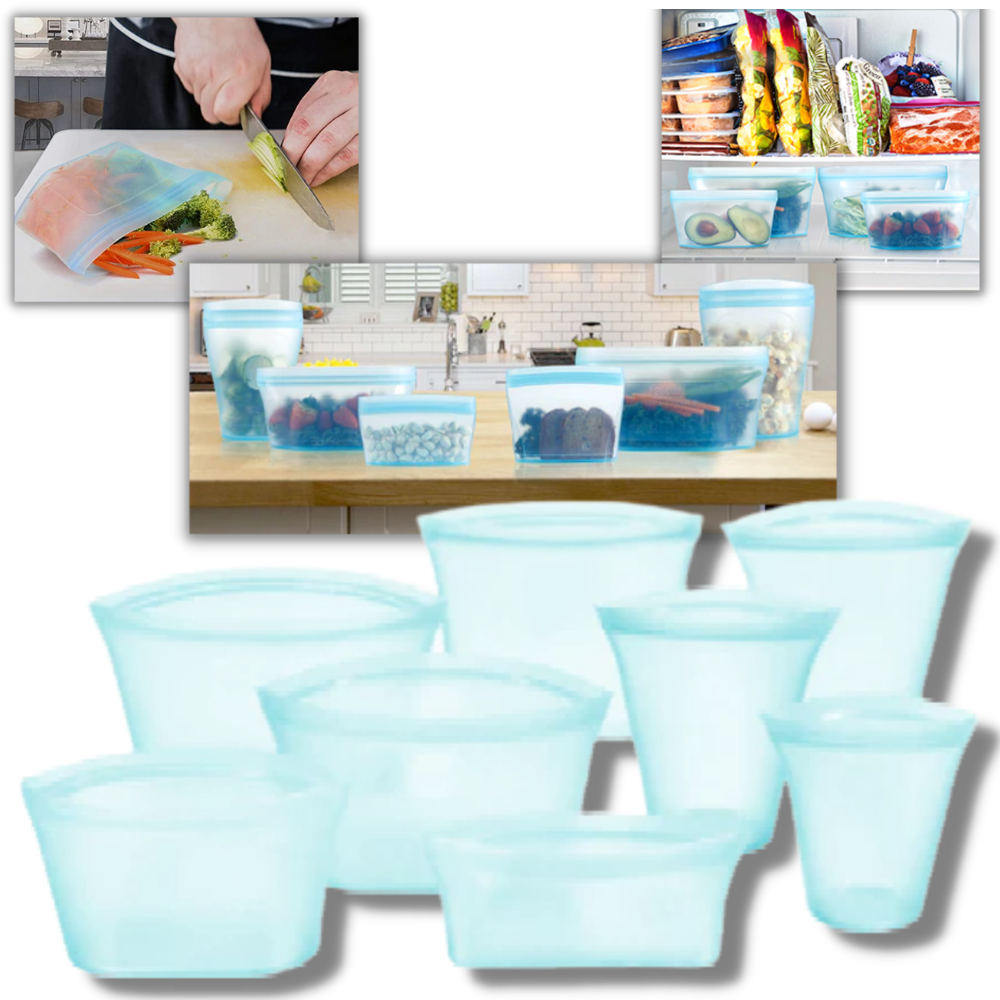 Conjunto de 8 sacos reutilizáveis de silicone para armazenamento de alimentos, marca A*Homeist, em diferentes tamanhos e cores.