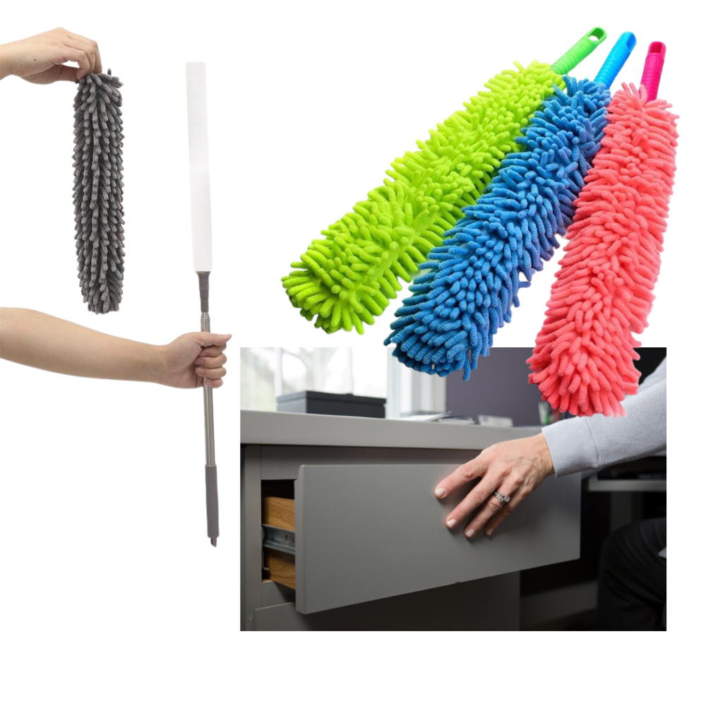 Pluma de microfibra flexível para limpeza doméstica, produto da marca Integratzker, ideal para remover poeira e sujeira com facilidade.