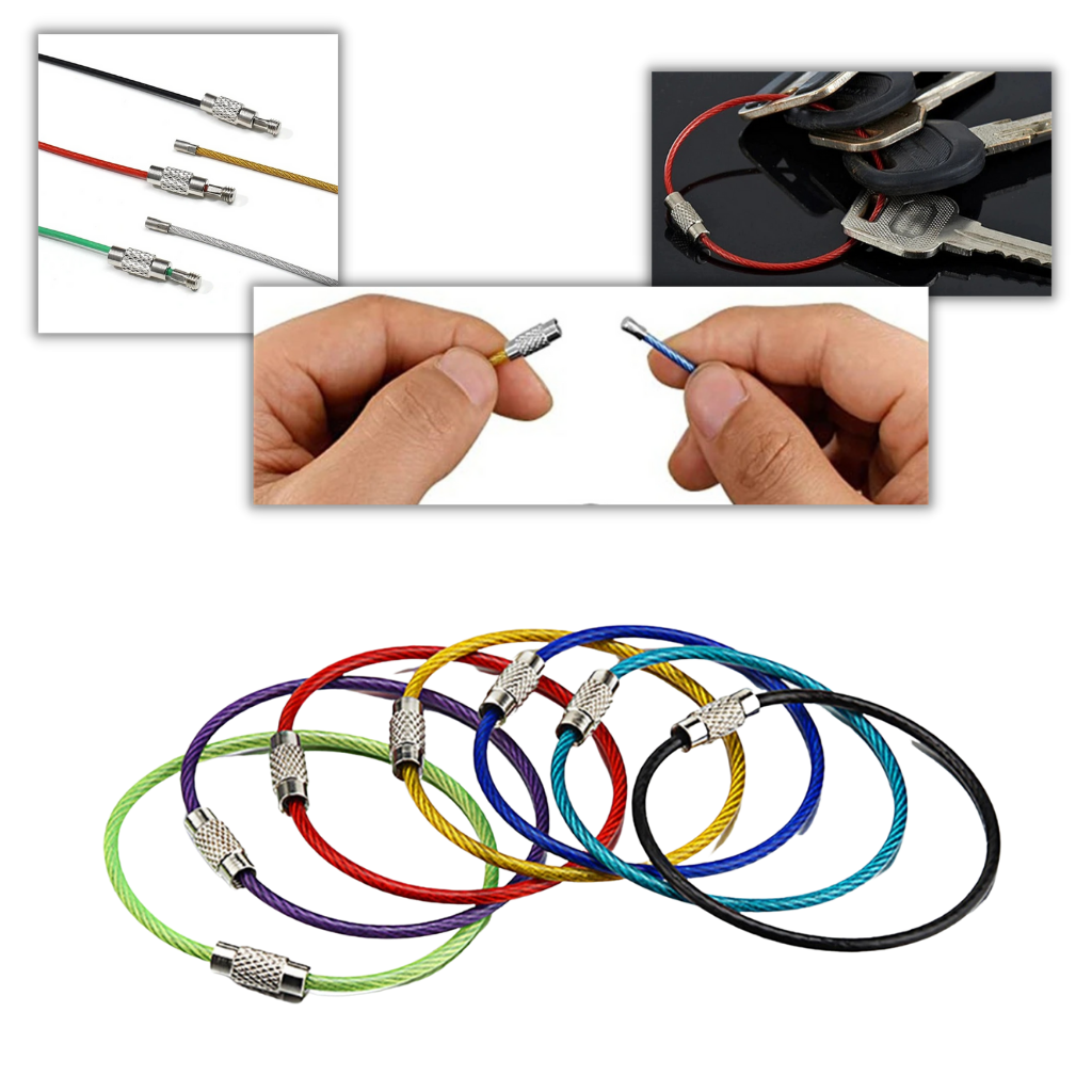 Chaveiro Sunshine de metal flexível com fio de aço colorido, design criativo e resistente para prender chaves de forma prática.