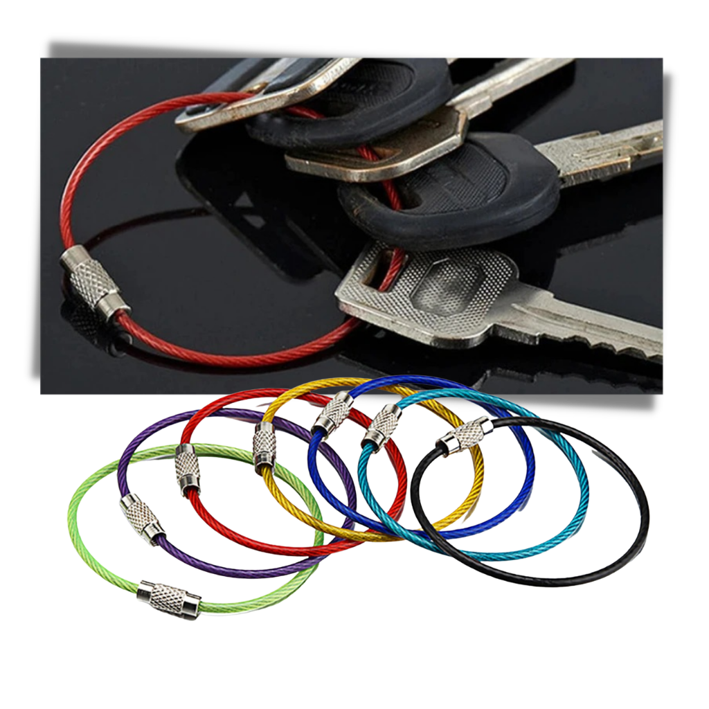 Conjunto de porta-chaves de aço flexível Sunshine, com fios metálicos coloridos e design durável e versátil.