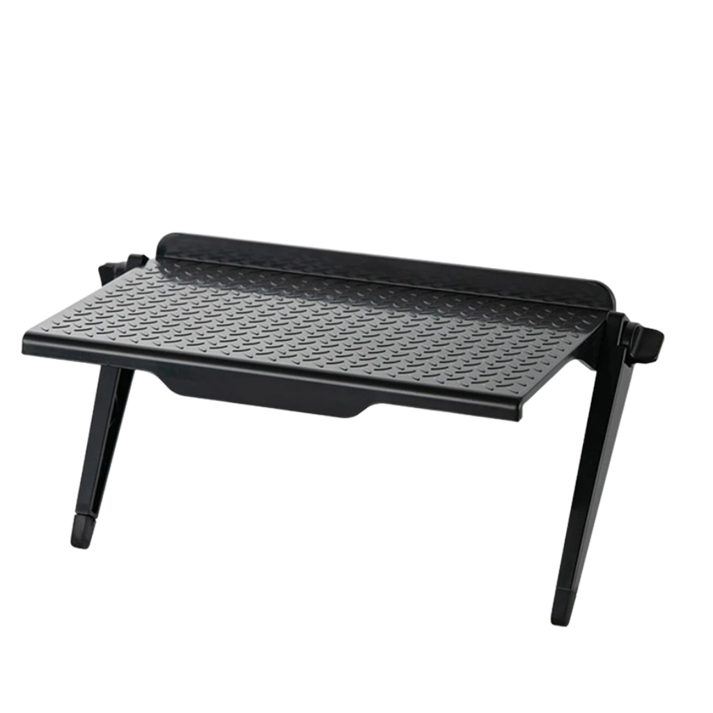 Escritório multifuncional Daciye com prateleira para monitor, superfície de trabalho preta e design moderno.