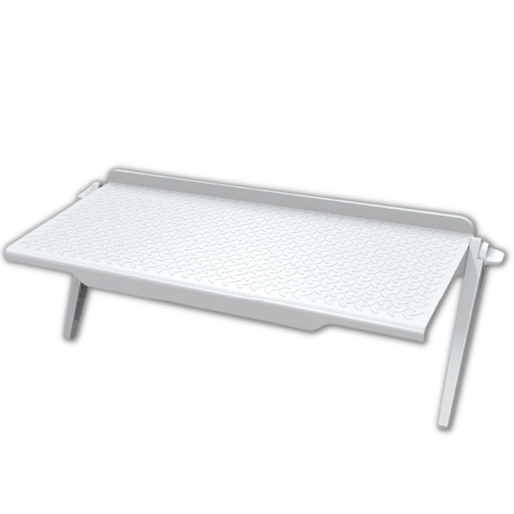 Escritório multifuncional Daciye com prateleira para monitor, mesa branca com espaço para organização e trabalho eficiente.