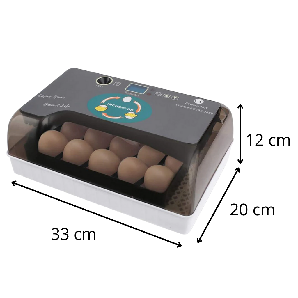 Incubadora automática de ovos Yescomusa com painel digital e dimensões visíveis, ideal para criação de aves.