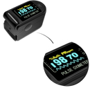 Oxímetro de pulso digital Thinkmax para dedo, exibindo leituras biométricas claras em tela brilhante.