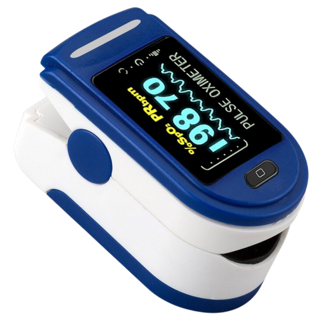 Oxímetro de pulso digital Thinkmax para dedo, monitor biométrico portátil com tela azul, medição de oxigenação e frequência cardíaca.