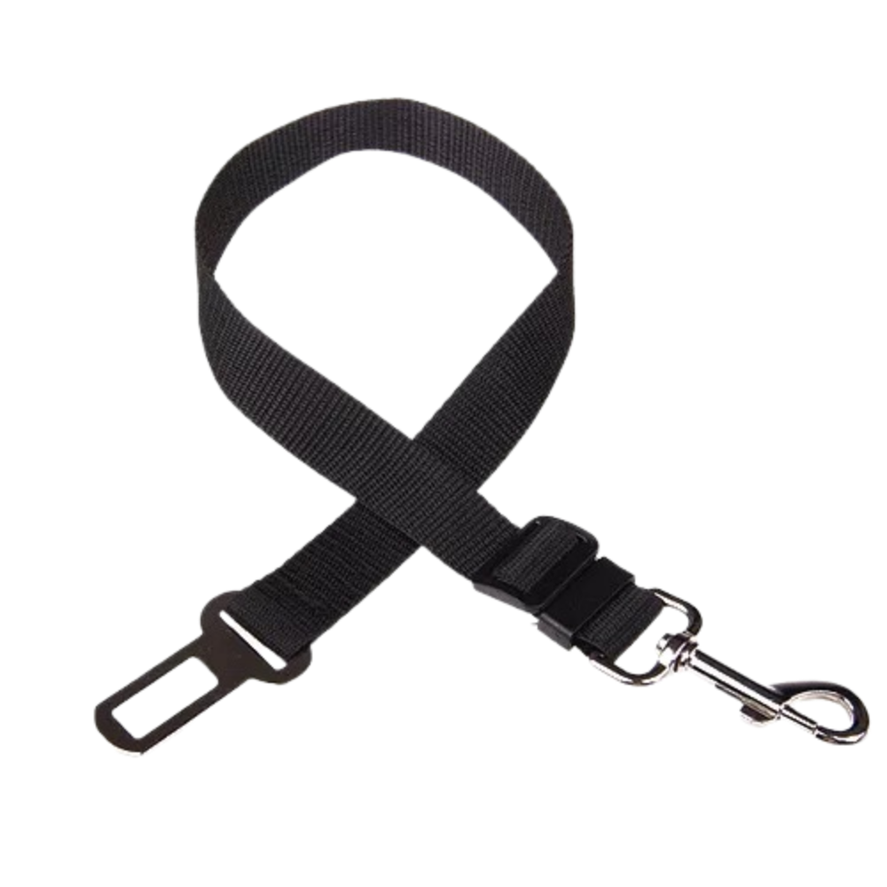 Cinto de segurança ajustável para cães preto da Egmy, acessório para segurança de cães em viagens de carro.