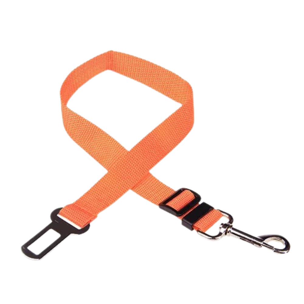 Cinto de segurança ajustável para cães da marca Egmy, em cor laranja, confortável e seguro para viagens de carro.