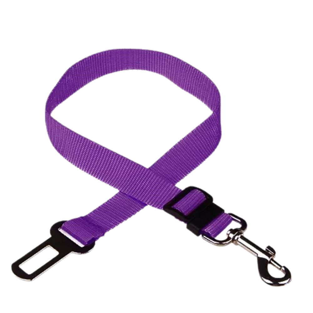 Cinto de segurança ajustável para cães da marca Egmy, em tom roxo, usado no carro para garantir segurança do pet.