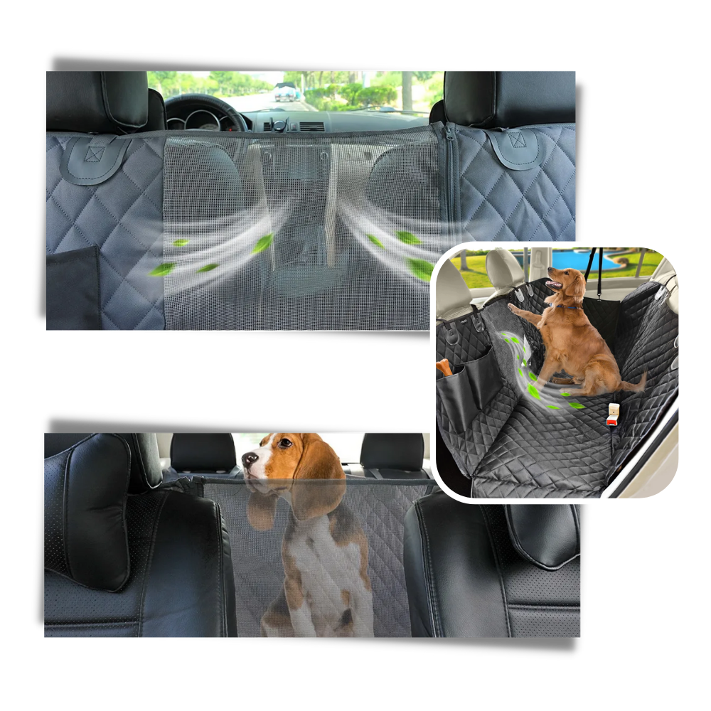 Capa de assento de carro para cachorro da marca Namotu, com malha respirável, protegendo o banco e confortável para o animal.
