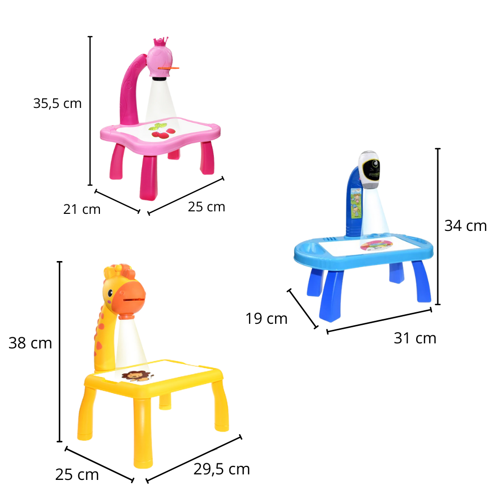 Quadro de desenho de projeção infantil Kanaroous, brinquedo de jogos de desenho para crianças, com dimensões visíveis na imagem.