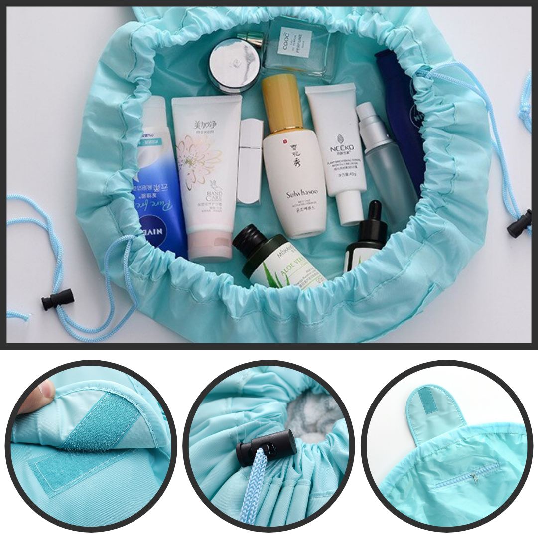 Necessaire de maquiagem pliável com cordão de fechamento, da marca Lay-N-Go, ideal para organização de produtos de beleza em viagem.