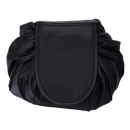 Necessaire de maquiagem dobrável com cordão de fechamento da marca Lay-N-Go, bolsa de toilette preta e prática para viagem.