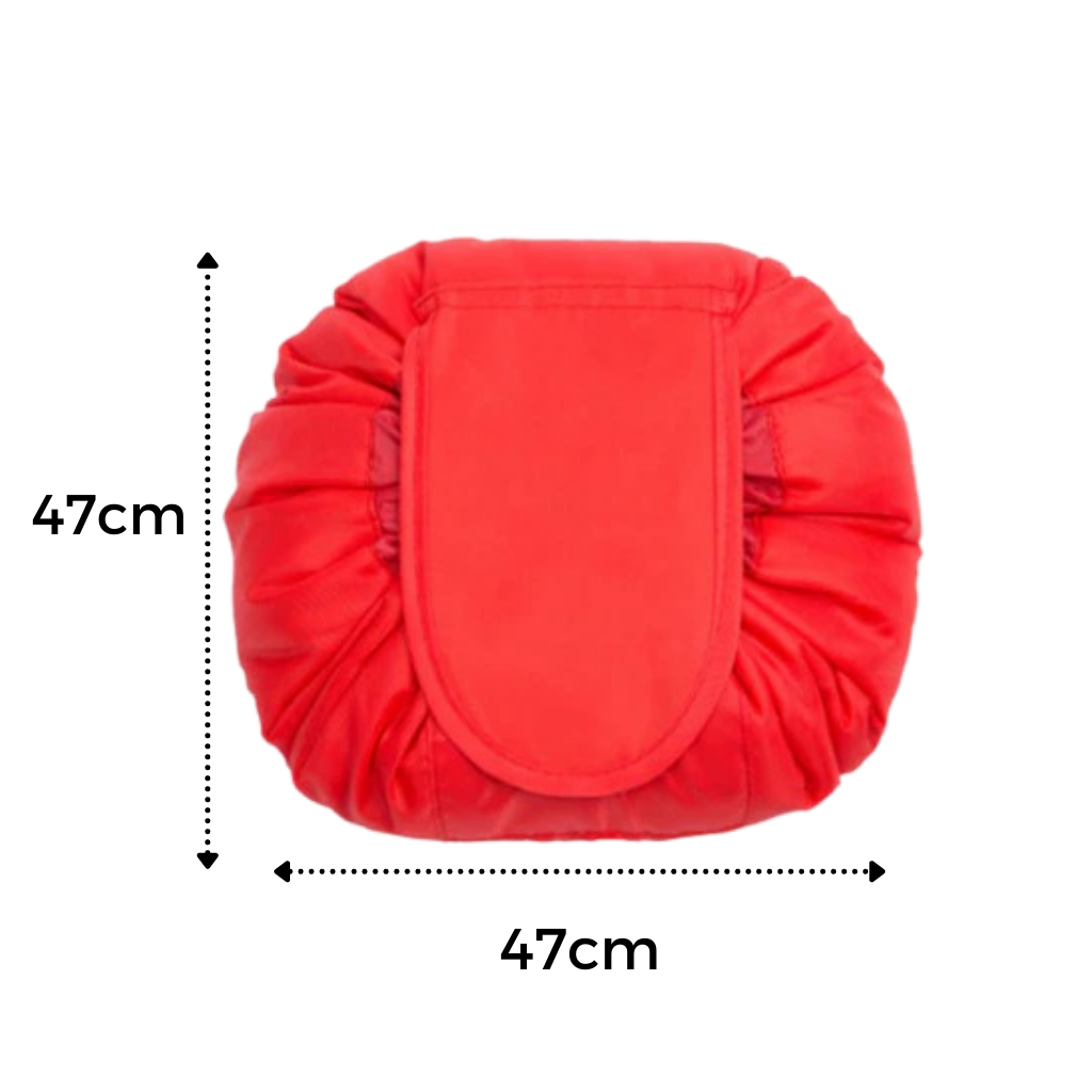 Necessaire de maquiagem dobrável com cordão de fechamento da marca Lay-N-Go, com compartimentos acessíveis e design prático.