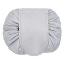 Necessaire de maquiagem dobrável com cordão de fechamento da marca Lay-N-Go, bolsa cinza para organização de produtos de beleza.