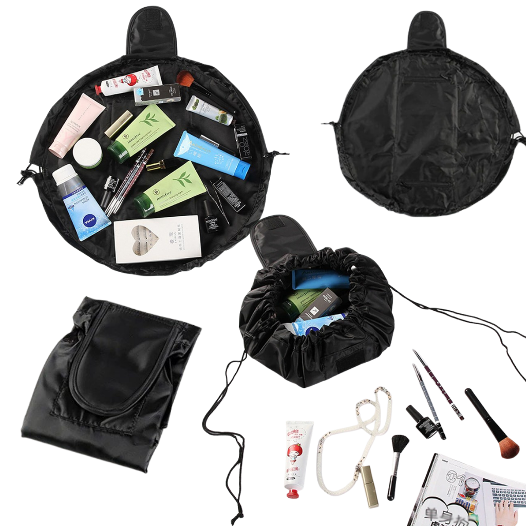 Necessaire de maquiagem dobrável com cordão de fechamento da marca Lay-N-Go, grande capacidade de armazenamento, tecido resistente.