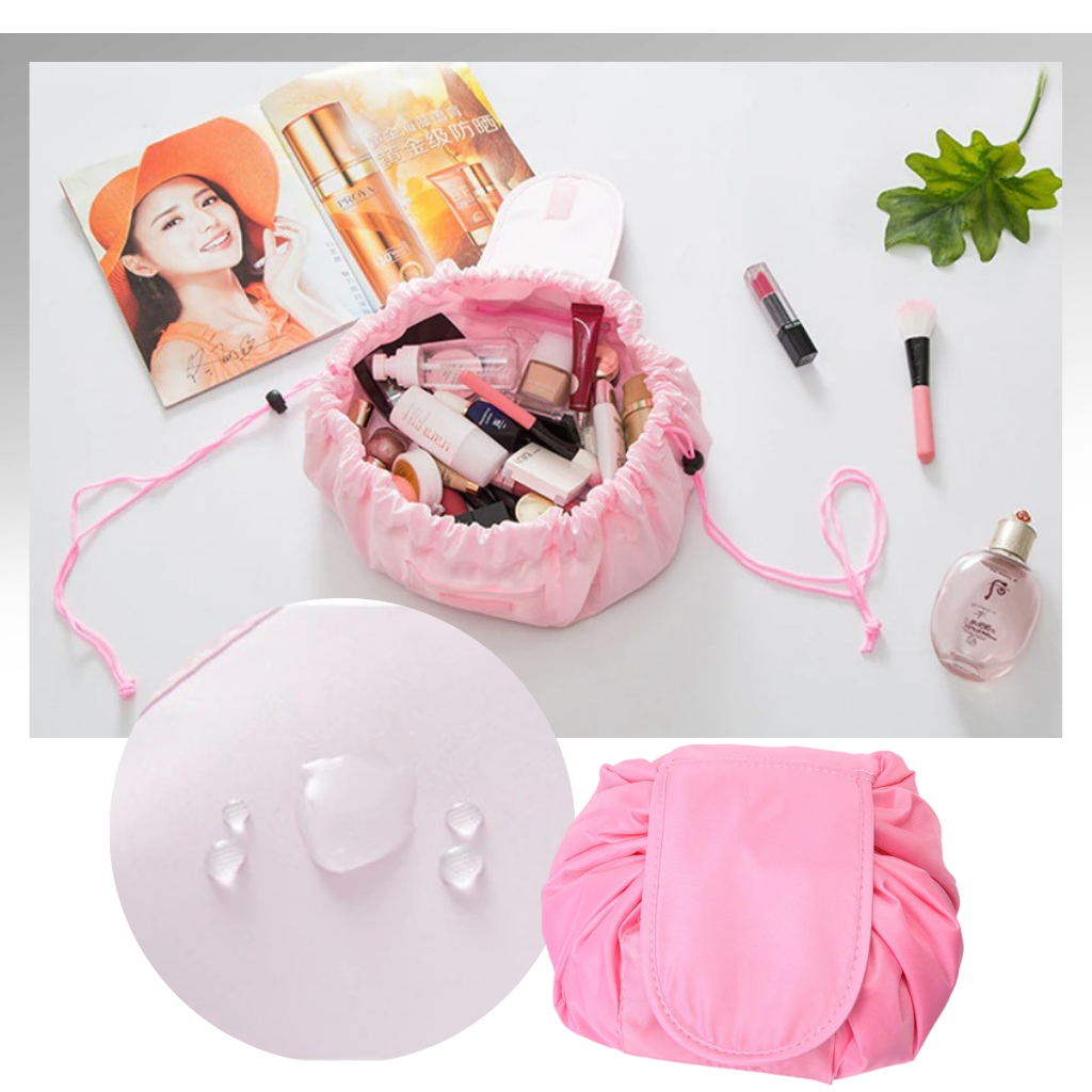 Necessaire de maquiagem dobrável com cordão de fechamento, impermeável da marca Lay-N-Go, ideal para organização de cosméticos.