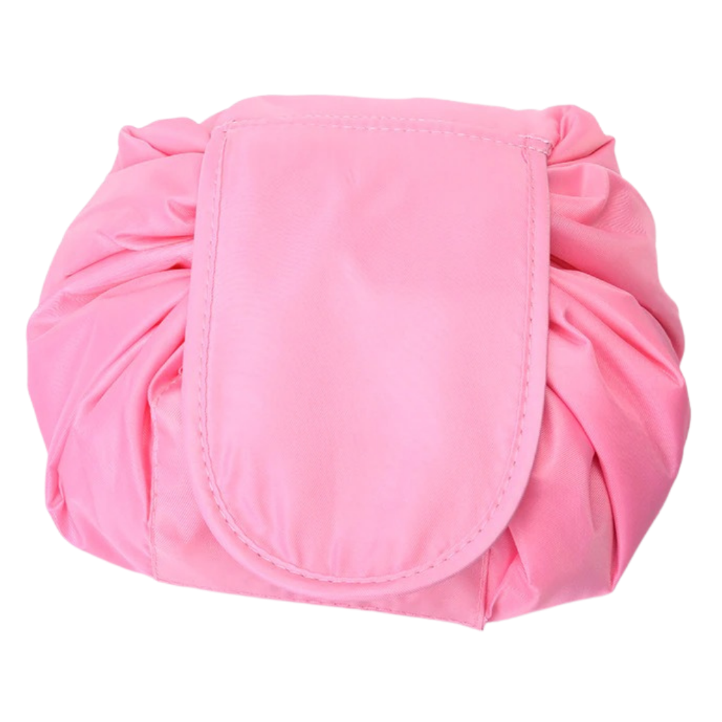 Necessaire de maquiagem dobrável com cordão de fechamento da marca Lay-N-Go, bolsa rosa para organização de itens de beleza.