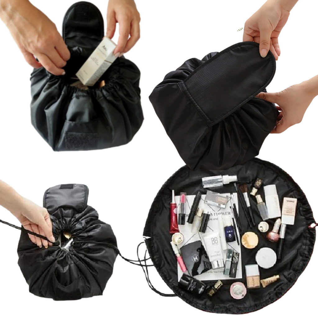 Bolsa de maquiagem dobrável Lay-N-Go com fechamento de cordão, prática para armazenamento e acesso rápido a produtos de beleza.