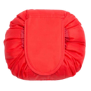 Necessaire de maquiagem pliável com cordão de fechamento da marca Lay-N-Go, em vermelho, com compartimentos internos.