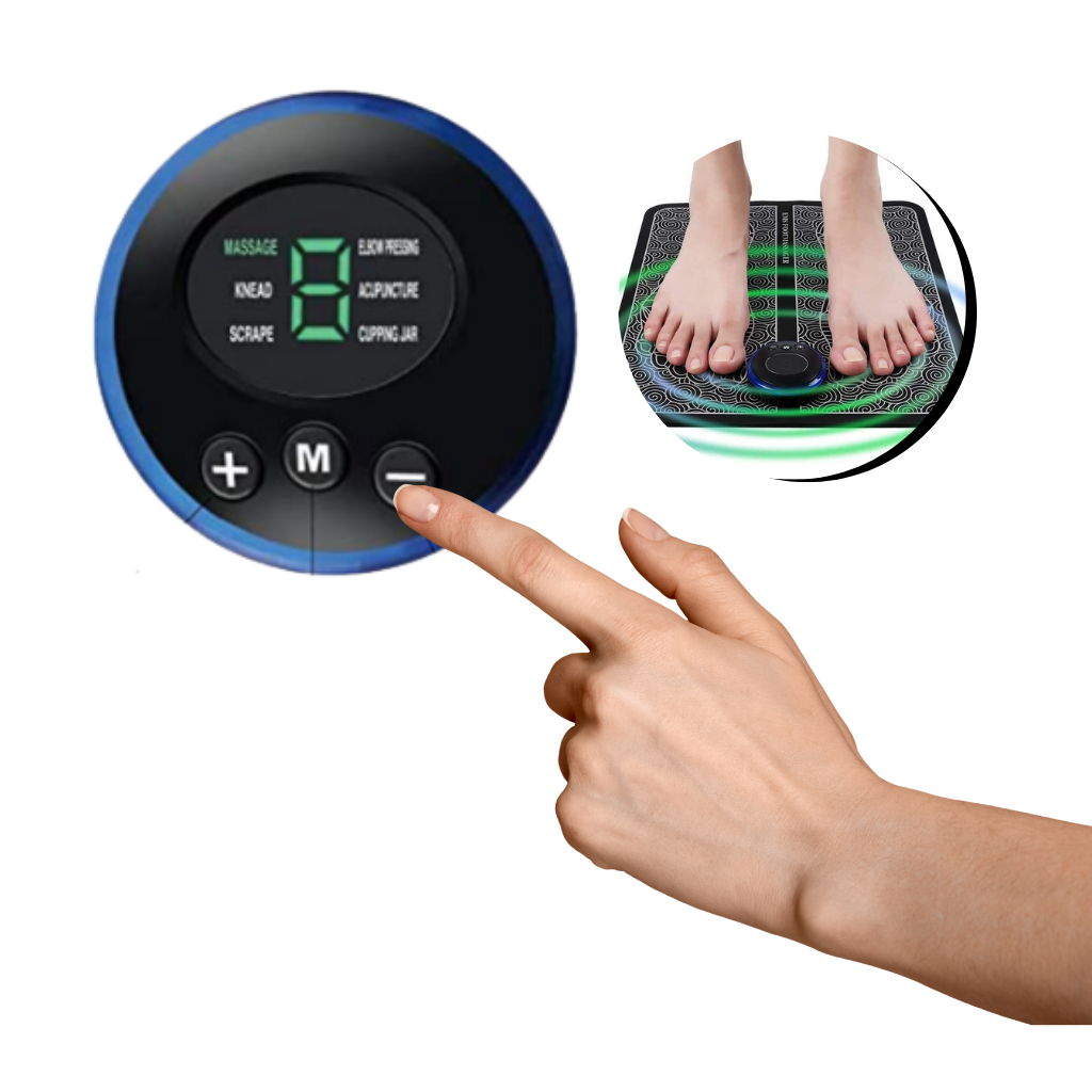 Tapete de massagem elétrica para pés Kzkr, com ajustes de intensidade e modos para alívio e relaxamento dos pés.
